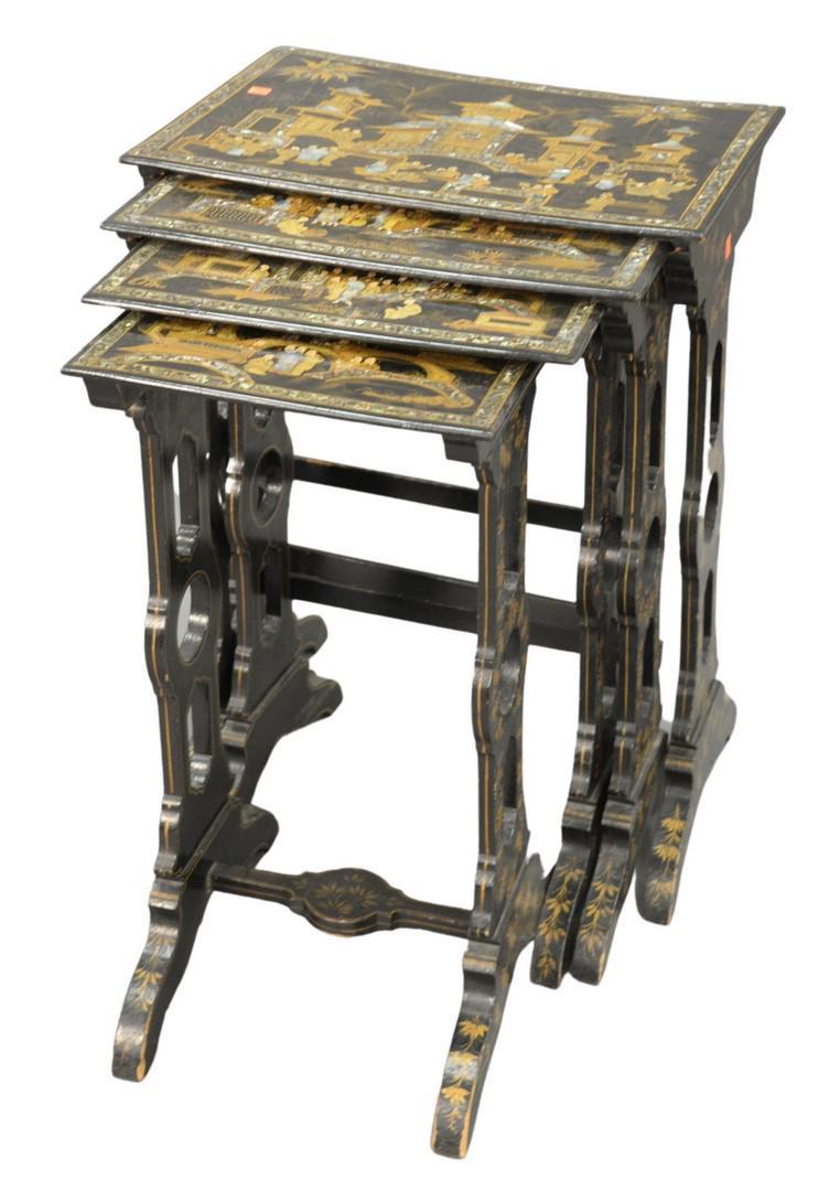 Group of Four Chinese Nesting Tables, all having mother: Group of Four Chinese Nesting Tables, all having mother of pearl accents, height 29 inches, top 15 1/2" x 22".