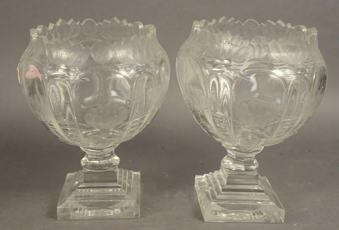 Pair of Cut Glass Water Lily Vases, raised on square: Pair of Cut Glass Water Lily Vases, raised on square pedestal bases, unmarked, height 9 1/4 inches.