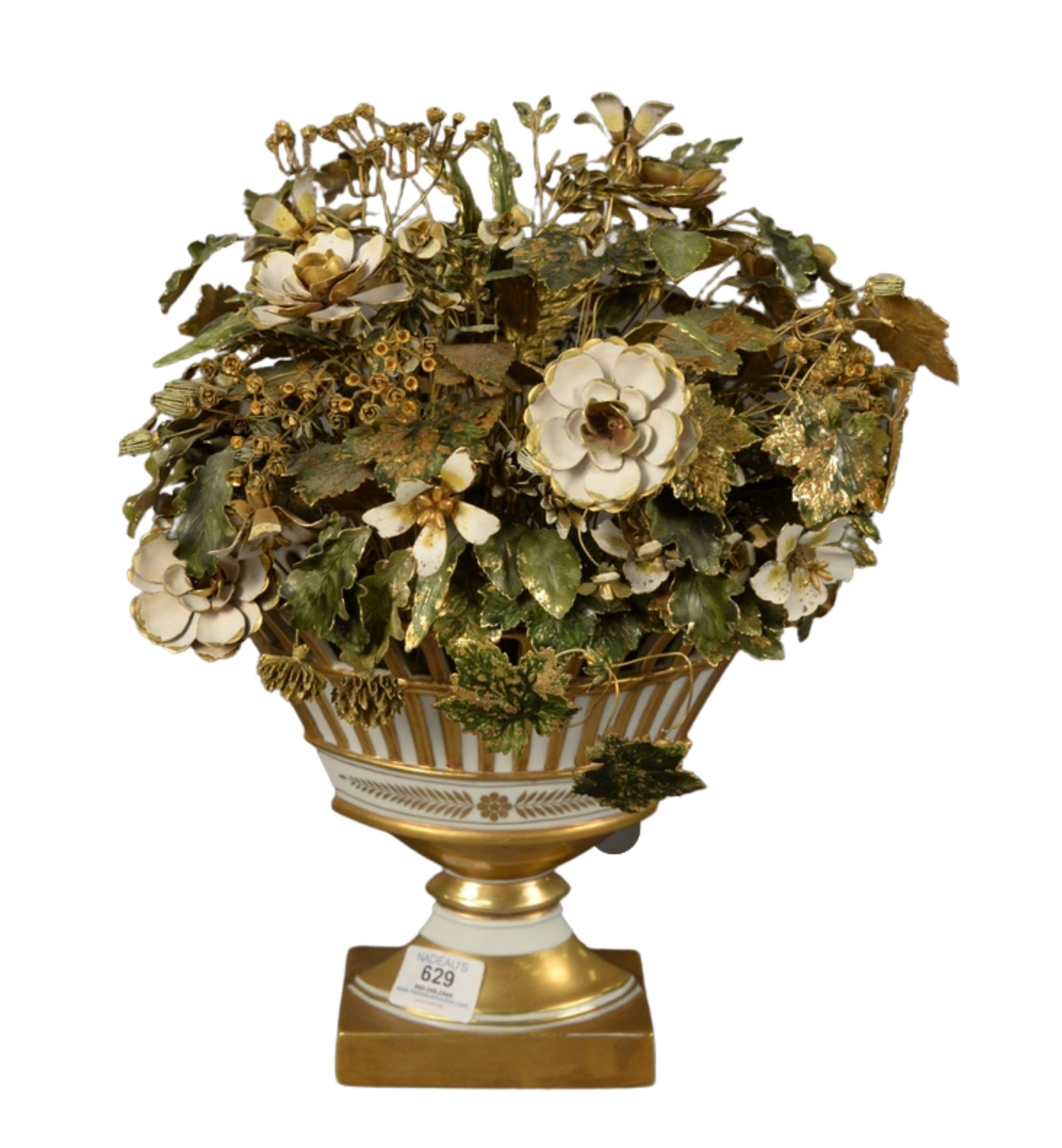 Gorham Gilt Metal and Enamel Floral Arrangement in: Gorham Gilt Metal and Enamel Floral Arrangement in Porcelain Vase, designed by Jane Hutchinson, marked to the underside, height 16 inches, width 11 inches, depth 9 inches.
