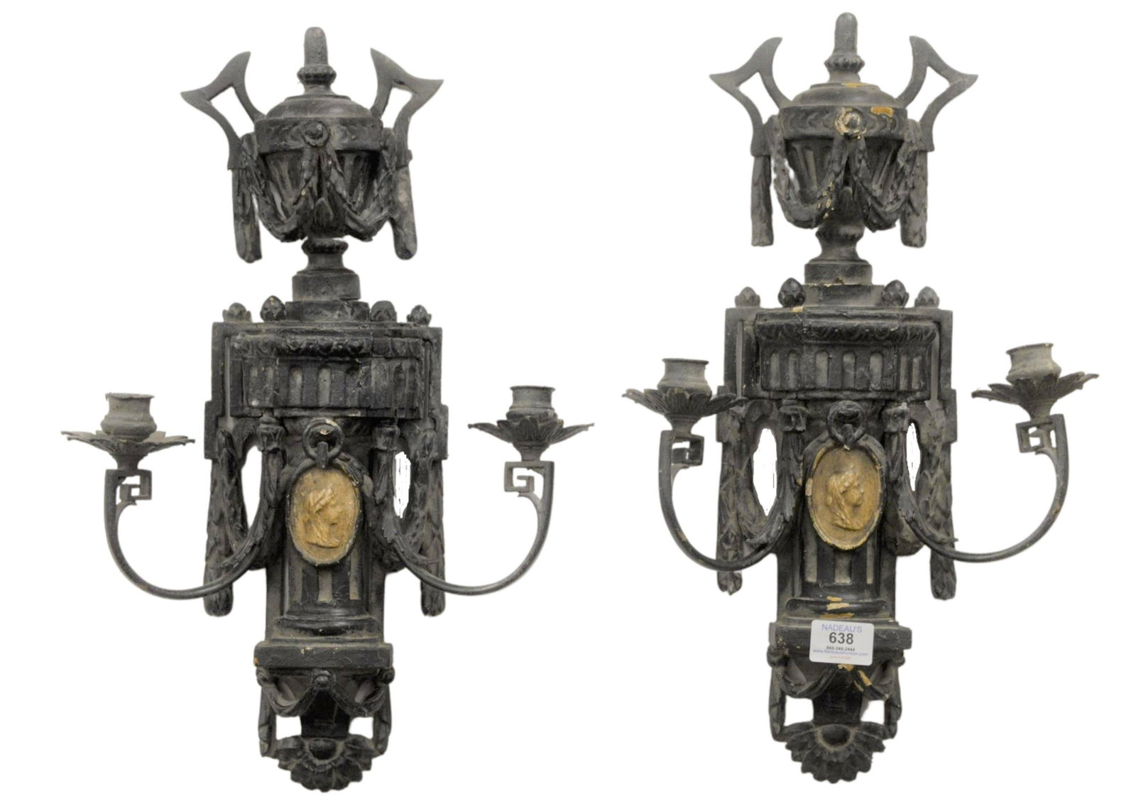 Pair of French Carved Wood and Gesso Sconces having two: Pair of French Carved Wood and Gesso Sconces having two arms each and a figural medallion to the center of each, height 19 inches, width 13 inches.