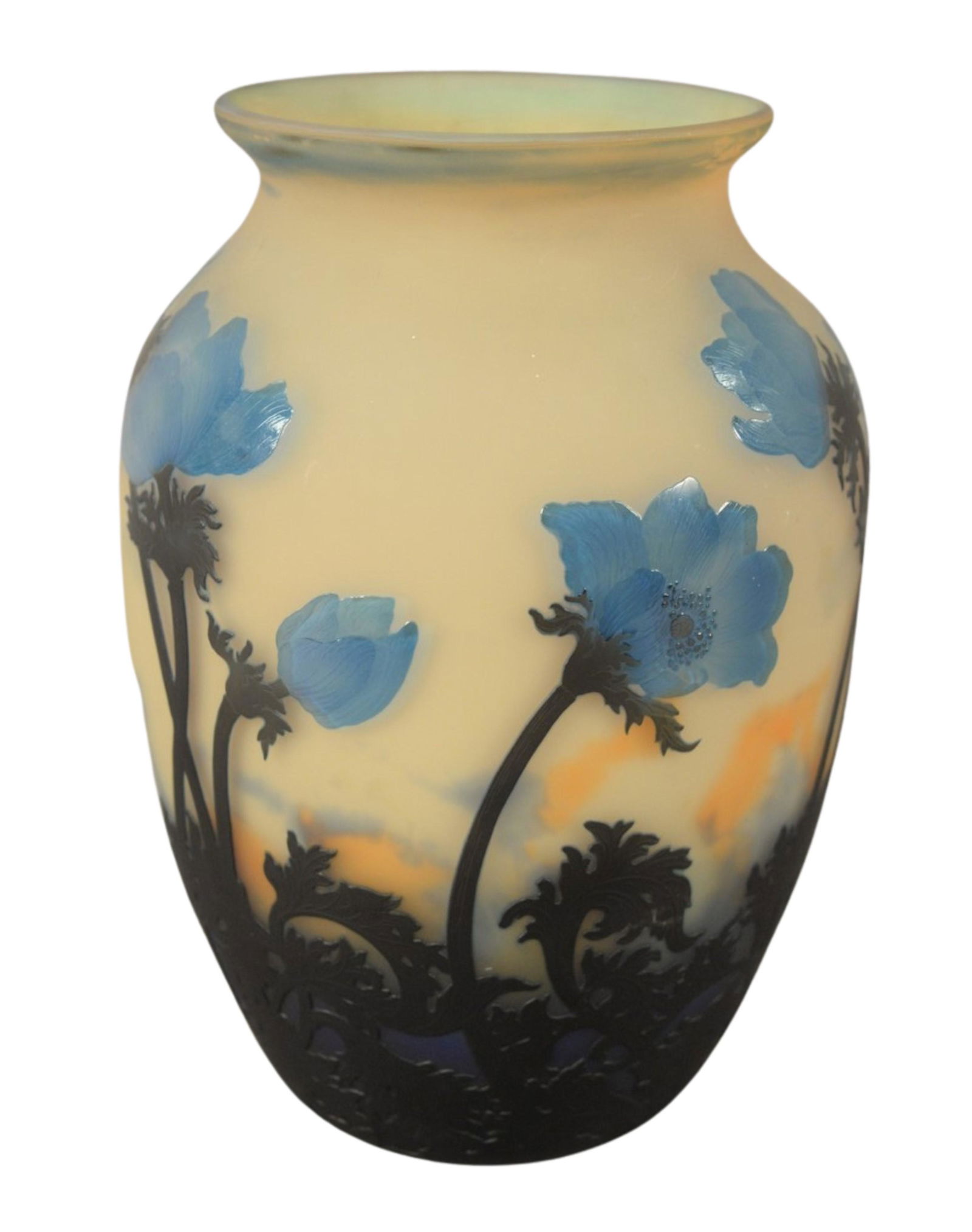 Muller Freres Large Yellow Cameo Vase, having blue: Muller Freres Large Yellow Cameo Vase, having blue floral decoration, inscribed "Muller Freres Luneville" in cameo, height 13 inches.