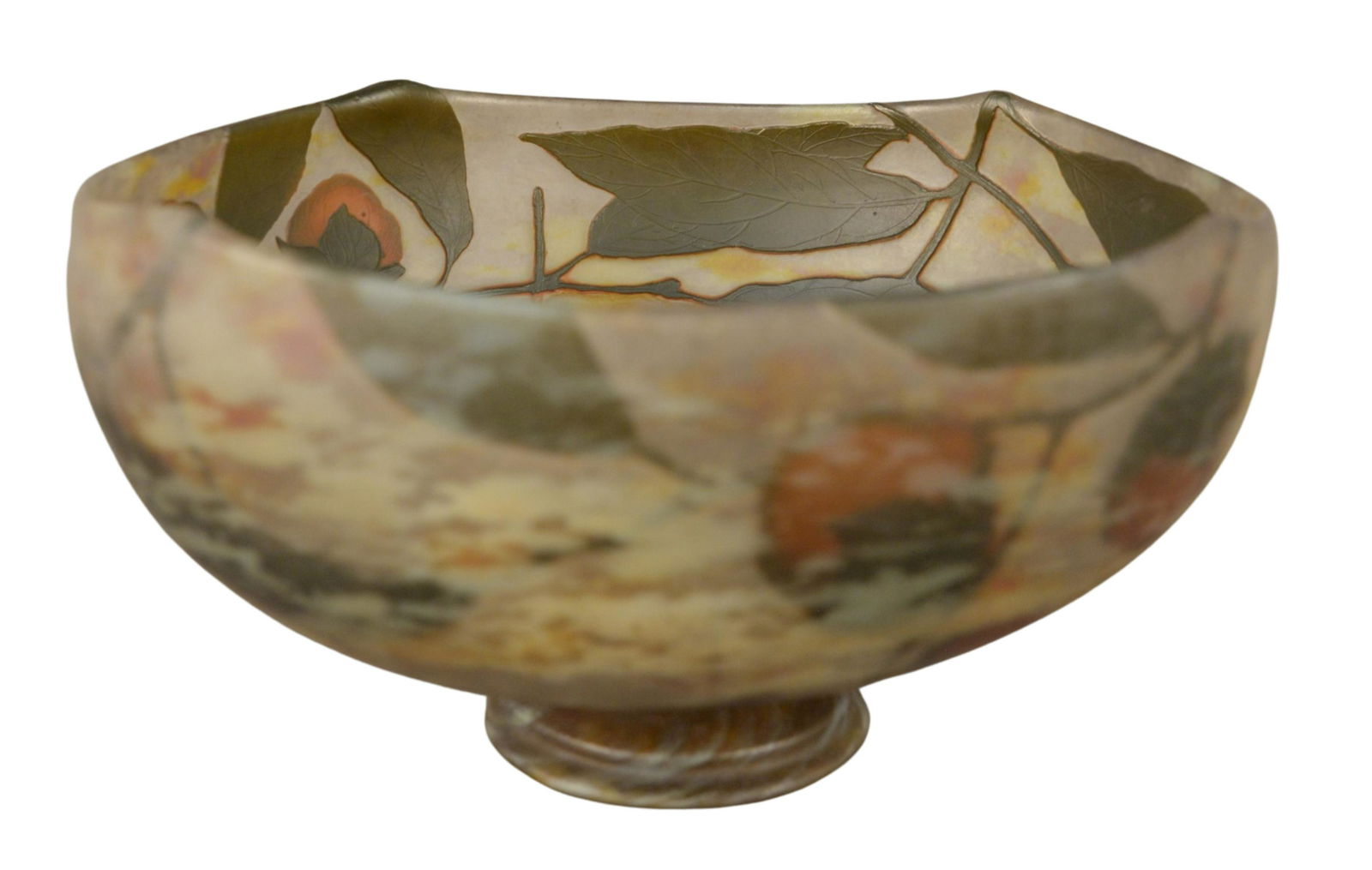 Large Daum Nancy Orange Blossom Cameo Glass Bowl,: Large Daum Nancy Orange Blossom Cameo Glass Bowl, raised on footed base, marked "Daum Nancy", height 6 1/2 inches, diameter 11 1/2 inches.