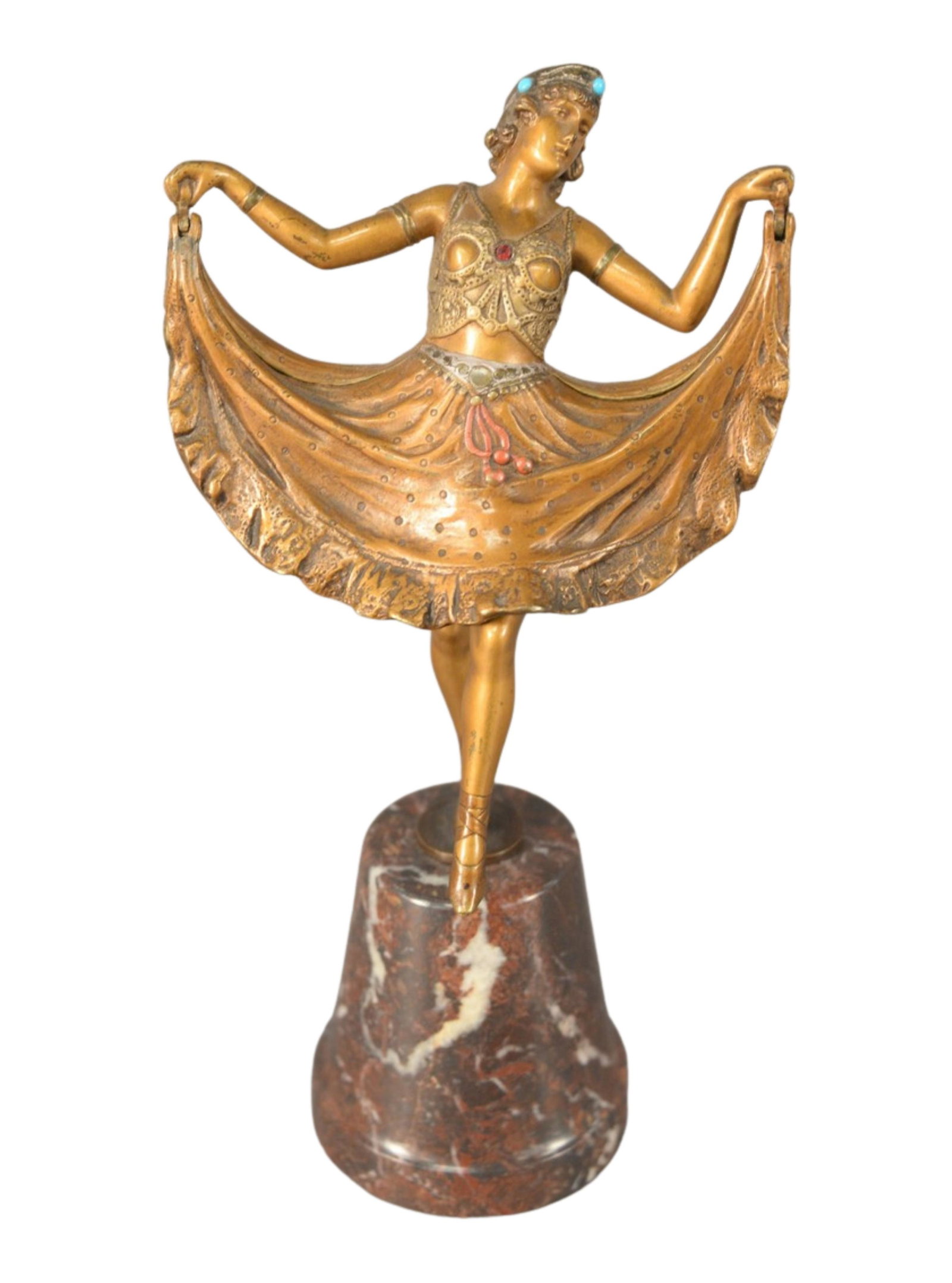Franz Bergman (Austrian, 1898 - 1963), Cold Painted: Franz Bergman (Austrian, 1898 - 1963), Cold Painted Bronze, naughty gypsy, figure having flip-up skirt, painted and jeweled dress, marked on back, height 7 3/4 inches.