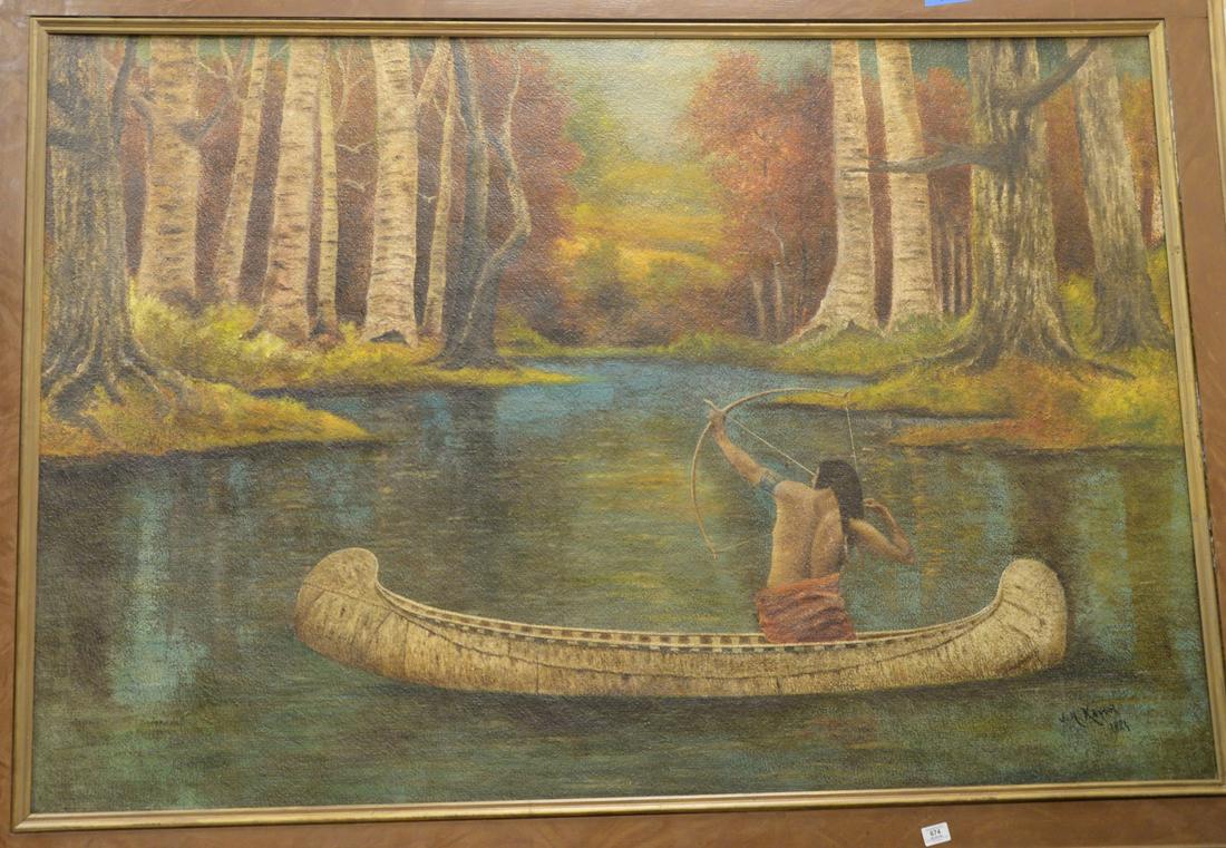 James H. Keys (American, 20th century), Native American: James H. Keys (American, 20th century), Native American in a canoe, oil on board, signed and dated lower right "J.H. Keys, 1924", height 45 inches, width 67 inches.