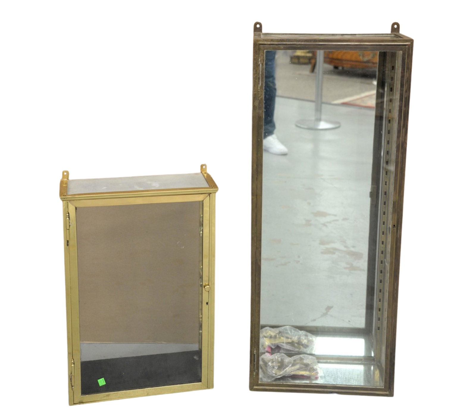 Two Brass and Glass Display Cases (no shelves), 39" x 1: Two Brass and Glass Display Cases (no shelves), 39" x 16" and 24" x 16 1/2".