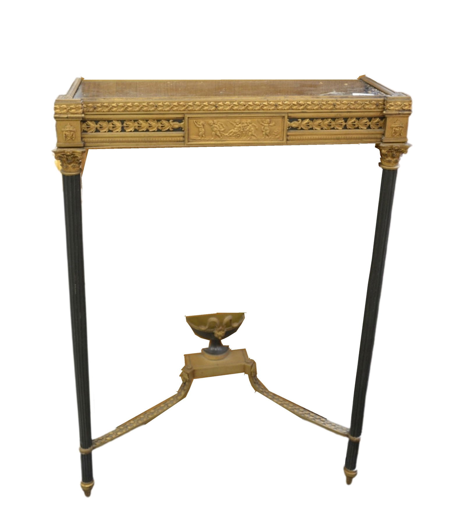 Pair of Bronze Console Tables having classical panel on: Pair of Bronze Console Tables having classical panel on fluted legs, and urn and ram finial and inset marble tops, height 34 1/2 inches, width 24 inches, depth 8 1/2 inches.