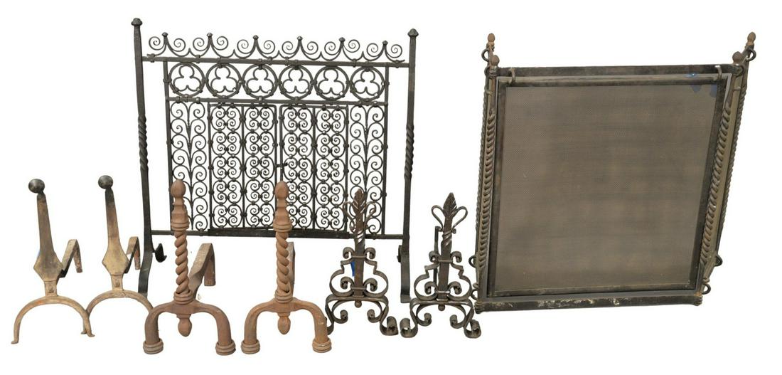 Three Pairs of Iron Andirons, along with two fire: Three Pairs of Iron Andirons, along with two fire screens, heights 18, 20 and 20 inches.