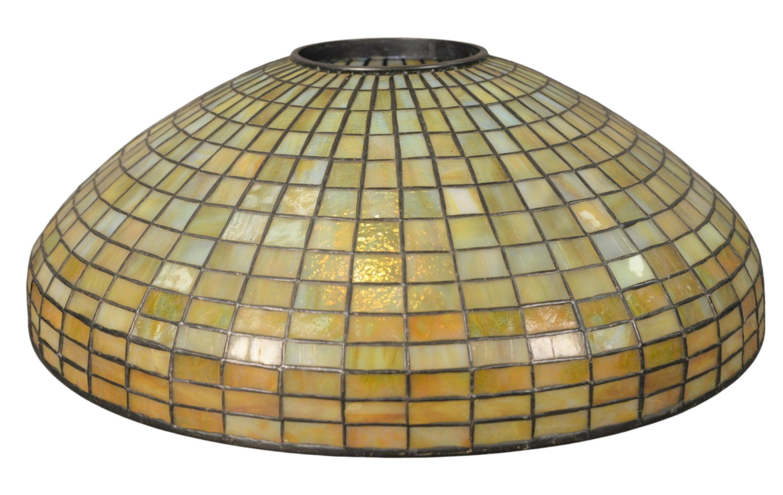 Tiffany Studios Geometric Leaded Glass Shade, domical: Tiffany Studios Geometric Leaded Glass Shade, domical with amber geometric brick pattern in 14 rows, marked 'Tiffany Studios, New York' diameter 20 inches.