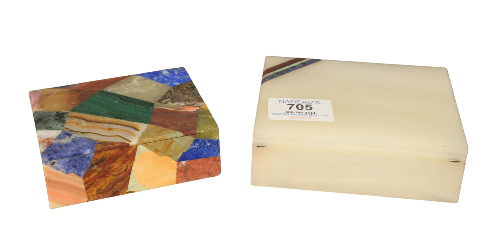 Two Specimen Boxes to include one lapis and carnelian: Two Specimen Boxes to include one lapis and carnelian sterling silver mounted box; along with a multi-colored marble box, 1 1/2" x 4 3/4" x 3 3/4"; and 1 1/2" x 3 1/4" x 4".