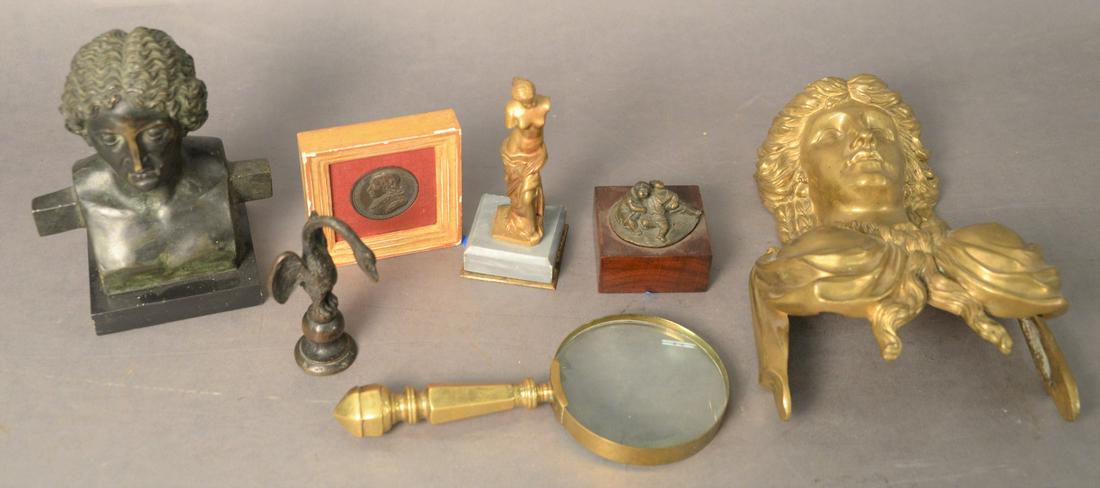 Seven Piece Lot of Grand Tour Items, to include two: Seven Piece Lot of Grand Tour Items, to include two busts, a brass magnifying glass, brass reproduction of the Venus de Milo, small bronze of babies, bronze of a swan, along with a framed Johannes Mil