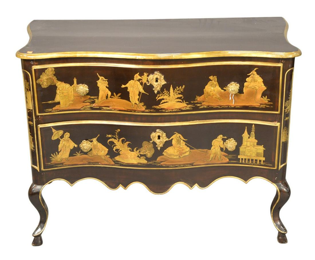 Italian Two Drawer Commode, chinoiserie decorated, set: Italian Two Drawer Commode, chinoiserie decorated, set on cabriole legs, height 30 inches, width 42 inches, depth 21 inches.