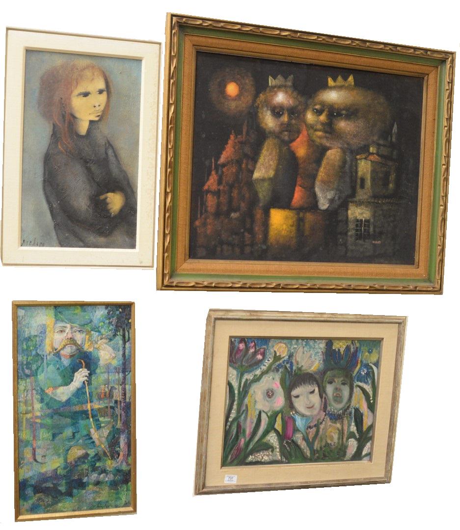Four Piece Group to include a portrait of a girl, oil: Four Piece Group to include a portrait of a girl, oil on canvas, signed indistinctly lower left; portrait of Robinhood, oil on Masonite, signed 'Hayle' lower right; "Royal Couple" oil on Masonite, sig