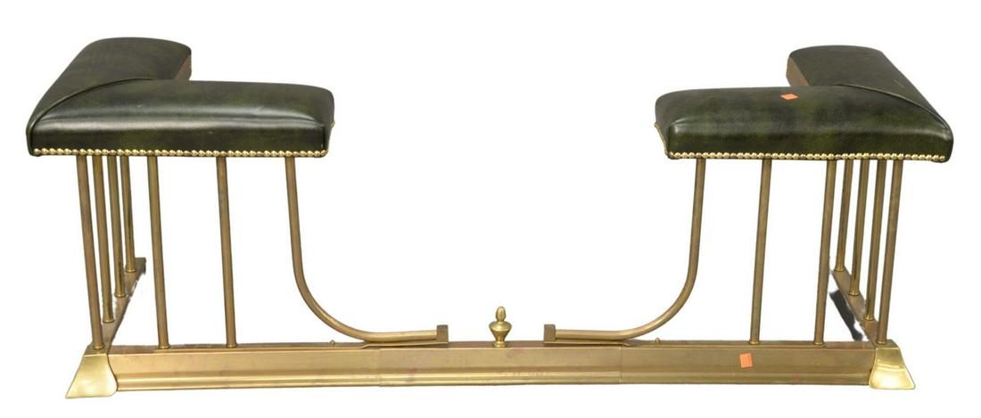 Leather Upholstered Brass Fire Screen, expands and: Leather Upholstered Brass Fire Bench, expands and contracts to size desired, height 18 inches.