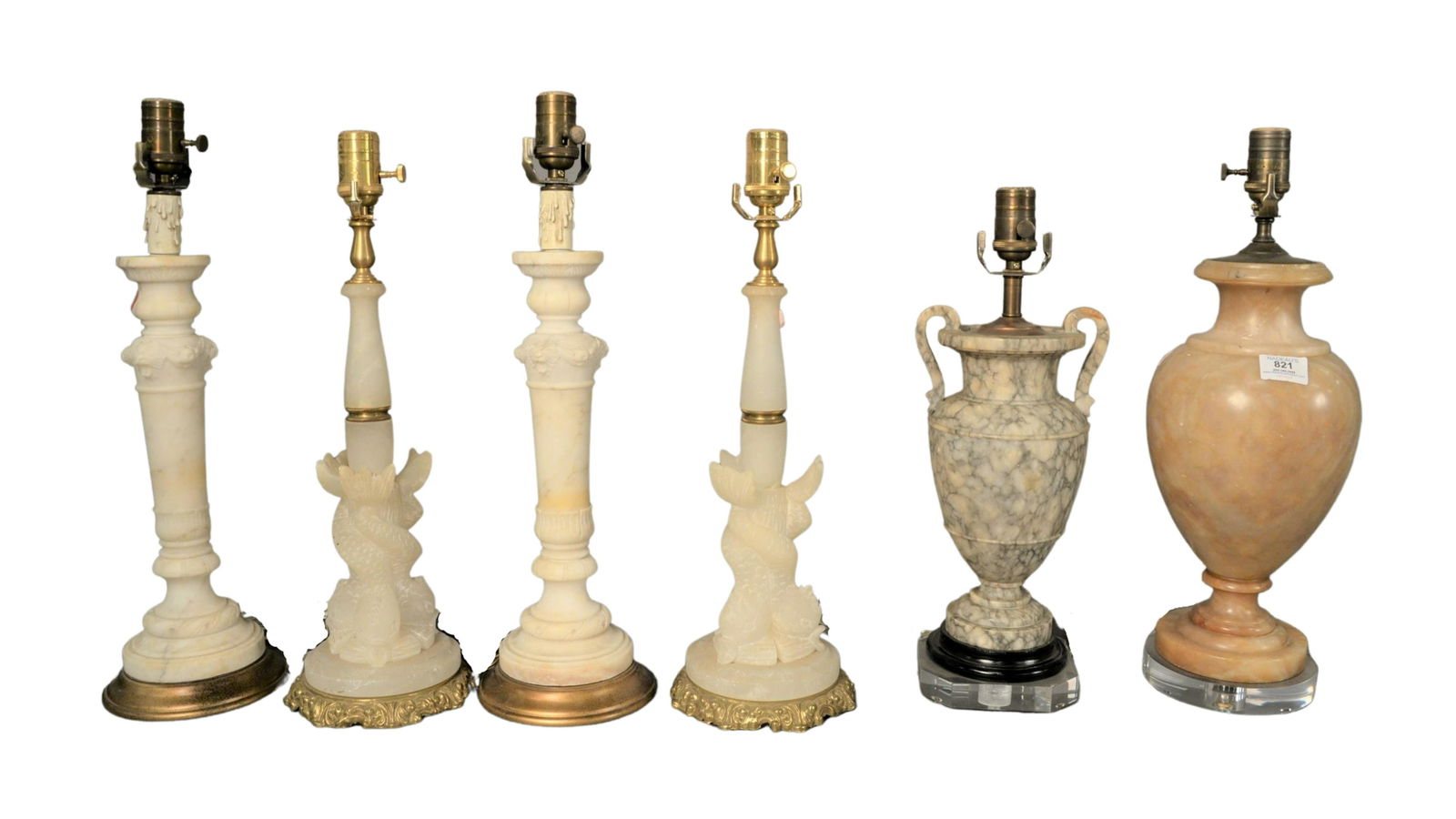 Group of Six Carved Alabaster Table Lamps, to include: Group of Six Carved Alabaster Table Lamps, to include one pair having koi fish forms around the base; one pair of candlestick forms; along with two vase forms; tallest overall height 21 inches.