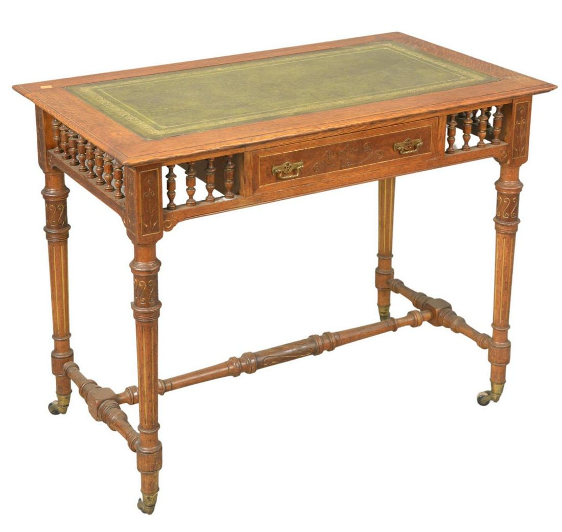Oak Writing Table, having inset leather surface, height: Oak Writing Table, having inset leather surface, height 28 inches, top 21" x 36".