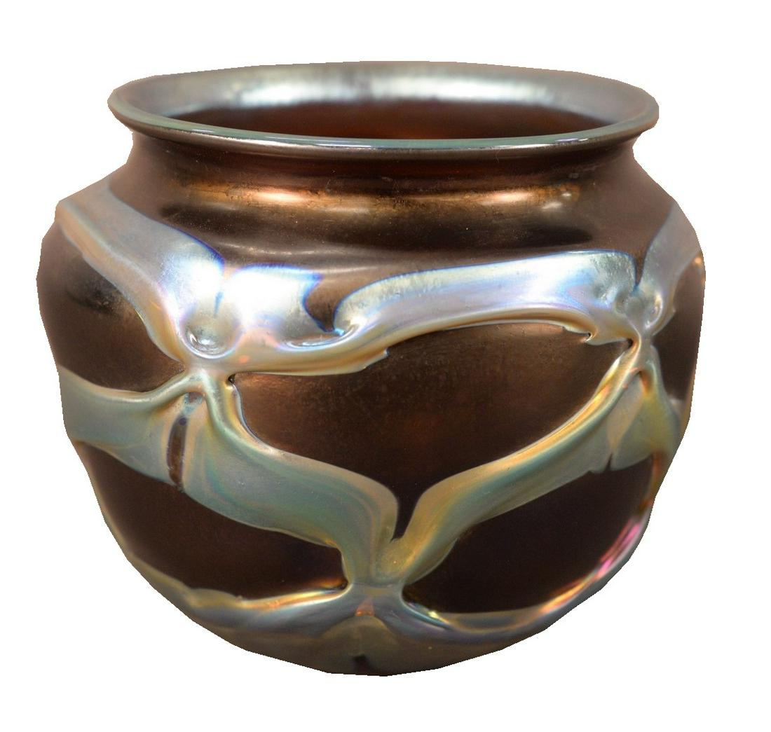 Attributed to Tiffany Studios Favrile Glass Vase,: Attributed to Tiffany Studios Favrile Glass Vase, having blue details, height 5 1/2 inches, diameter 6 inches, having a Tiffany label adhered to the underside.