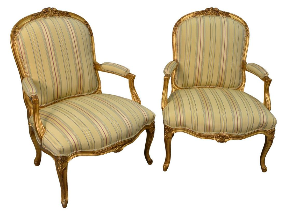 Pair of Louis XV Style Upholstered Chairs, height 40: Pair of Louis XV Style Upholstered Chairs, height 40 inches, width 28 inches.