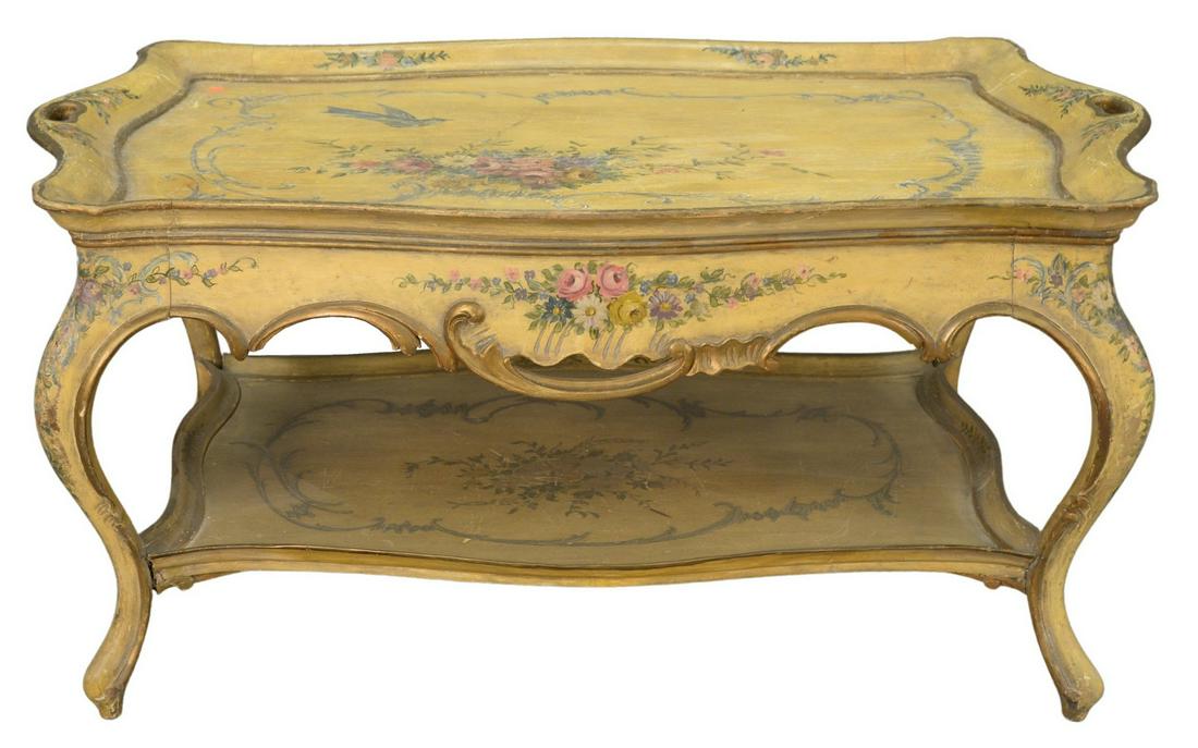 Venetian Painted Tray Style Table, on cabriole legs,: Venetian Painted Tray Style Table, on cabriole legs, height 27 inches, top 34" x 57".