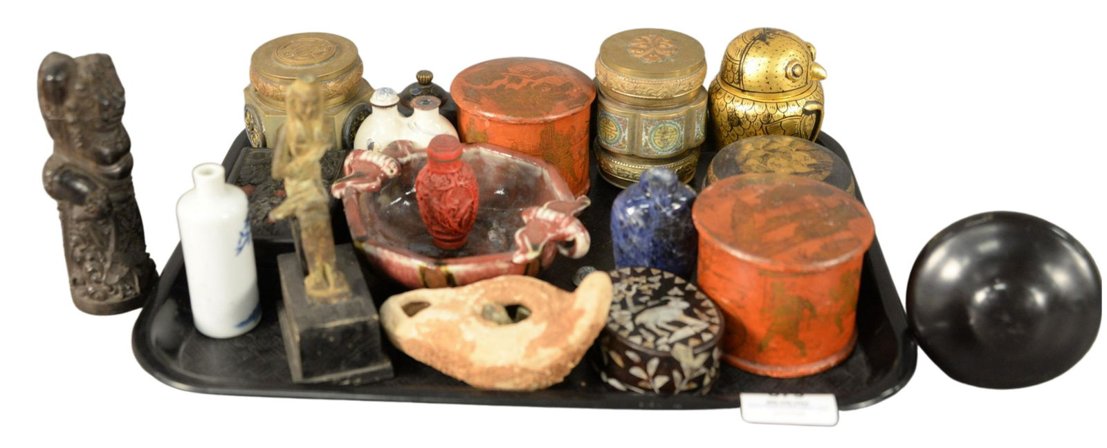 Large Group of Collectible Items, to include terracotta: Large Group of Collectible Items, to include terracotta oil lamp; Egyptian bronze figure; cinnabar box; papier mache boxes; two enameled brass boxes; enameled double erotic snuff bottle; Chinese blue