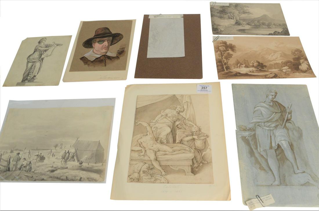 Group of Twelve Sketches: Group of Twelve Sketches and works on paper, 19th century, some inscribed to the edges, largest 11" x 9 1/4". Provenance: Estate of Dr. Thomas & Alice Kugelman, Bloomfield, Connecticut.