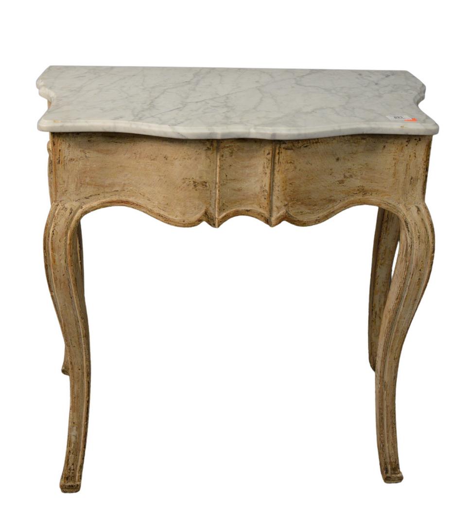 Two Piece Lot to include Louis XV Style Console Table,: Two Piece Lot to include Louis XV Style Console Table, having marble top, height 30 inches, top 16" x 29" along with wall mounted marble top table.
