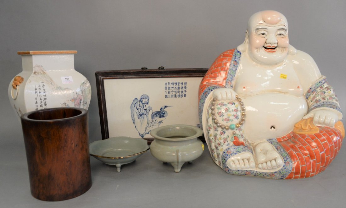 Six piece Chinese porcelain group, large Buddha, celado: Six piece Chinese porcelain group, large Buddha, celadon crackle glaze footed bowl and dish, Famille Rose square vase, blue and white porcelain framed plaque along with a hardwood brush pot, (repaired