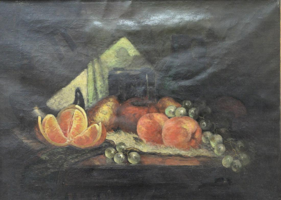 Continental School (19th century), still life with: Continental School (19th century), still life with apples, grapes and an orange, oil on canvas, unsigned, 16" x 22".