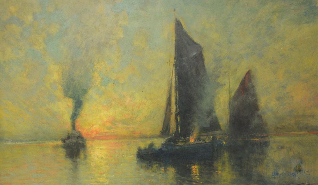 Arthur Vidal Diehl (American/British, 1870 - 1929),: Arthur Vidal Diehl (American/British, 1870 - 1929), Sailboats at Dawn, oil on board, signed and dated lower right "Arthur V. Diehl 1927 - 8", 18" x 30". Provenance: Estate of James Wadhams.