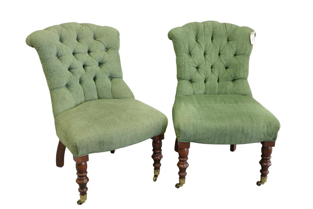 Pair of Victorian Style Slipper Chairs, having tufted (1 of 3)