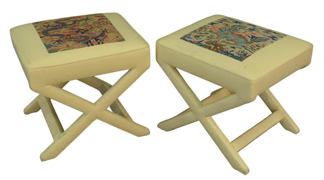 Pair of Custom Upholstered Footstools with X Bases, (1 of 4)