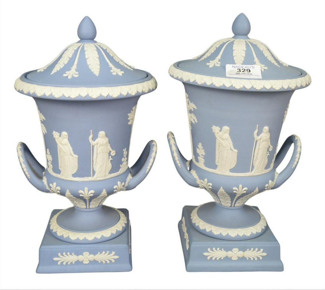 Pair of Wedgwood Jasperware Lidded Urns, light blue: Pair of Wedgwood Jasperware Lidded Urns, light blue ground with figures, height 12 inches. Provenance: Estate of James Wadhams