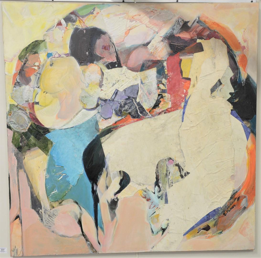 Estelle Pascoe (American, 1928 - 2007), Dancing: Estelle Pascoe (American, 1928 - 2007), Dancing Fantasy, acrylic and collage oil on canvas, signed, titled, and inscribed on the reverse, unframed, 43 1/4" x 43 1/4".