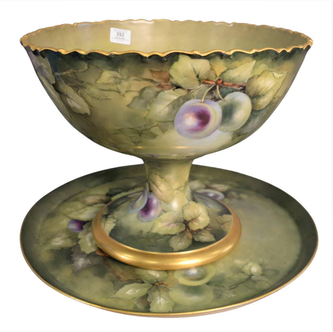 Large Belleek Porcelain Punch Bowl, having plum motif (1 of 7)