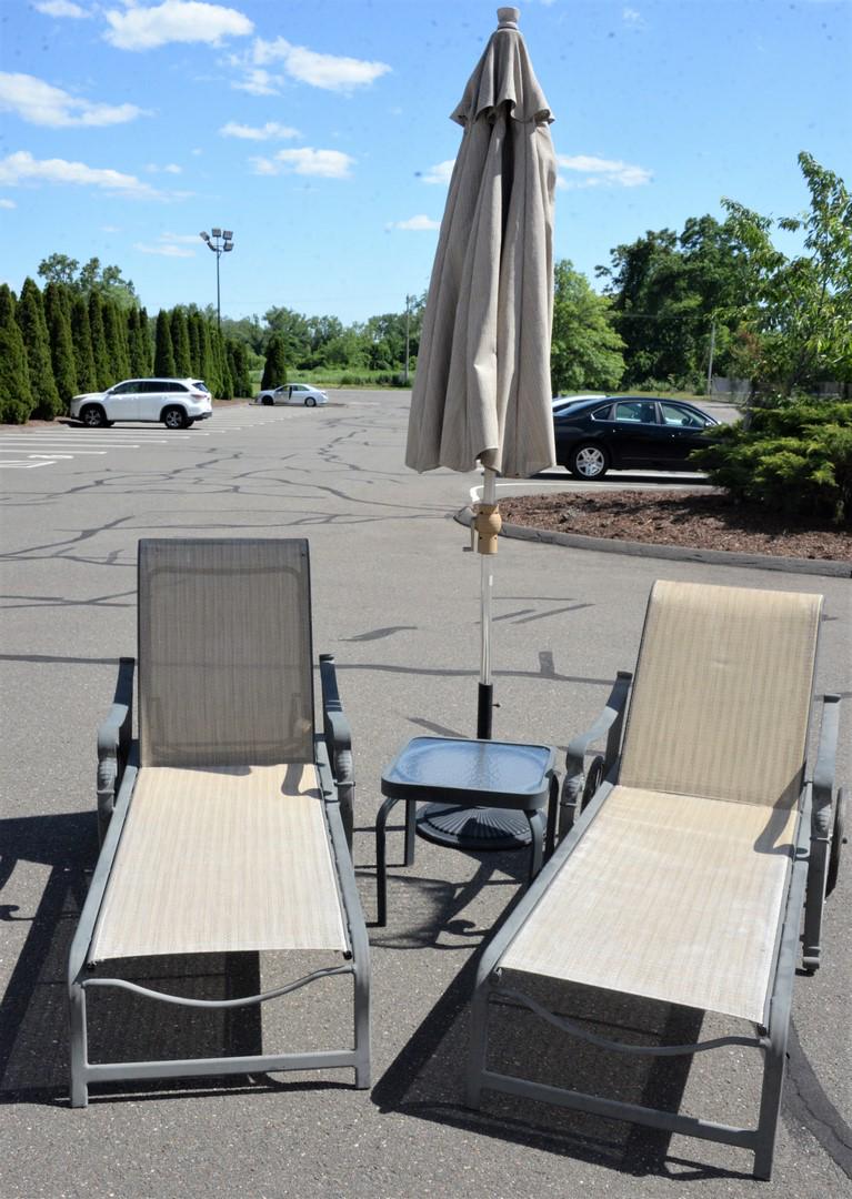 Five Piece Outdoor Set, to include a pair of chaises, a: Five Piece Outdoor Set, to include a pair of chaises, a side table along with two umbrella bases.
