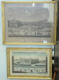 Group of Four Vue D'Optique Engravings, to include two: Group of Four Vue D'Optique Engravings, to include two by Israel Silvestre, "Chasteau Royal de Versailles, veu de l'avant-cour", "Chasteau de Versailles, vue de l'avant cour"; along with two hand colo