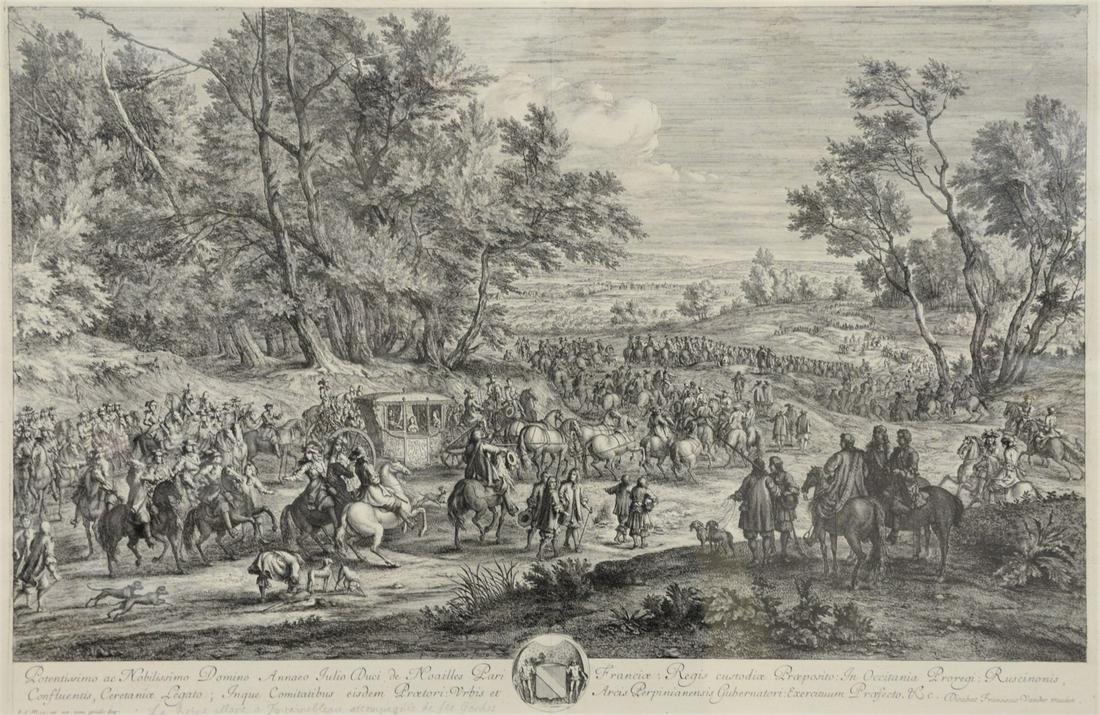 After Adam Frans van der Meulen (Flemish, 1632 - 1690),: After Adam Frans van der Meulen (Flemish, 1632 - 1690), "La reine allant a Fontainebleau accompagnee de ses gardes", copper plate engraving on paper, titled in pencil along the lower edge, inscribed i