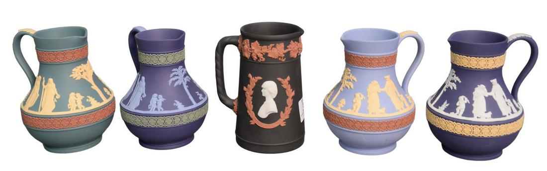 Five Wedgwood Tri-Color Pitchers, each having classical (1 of 4)