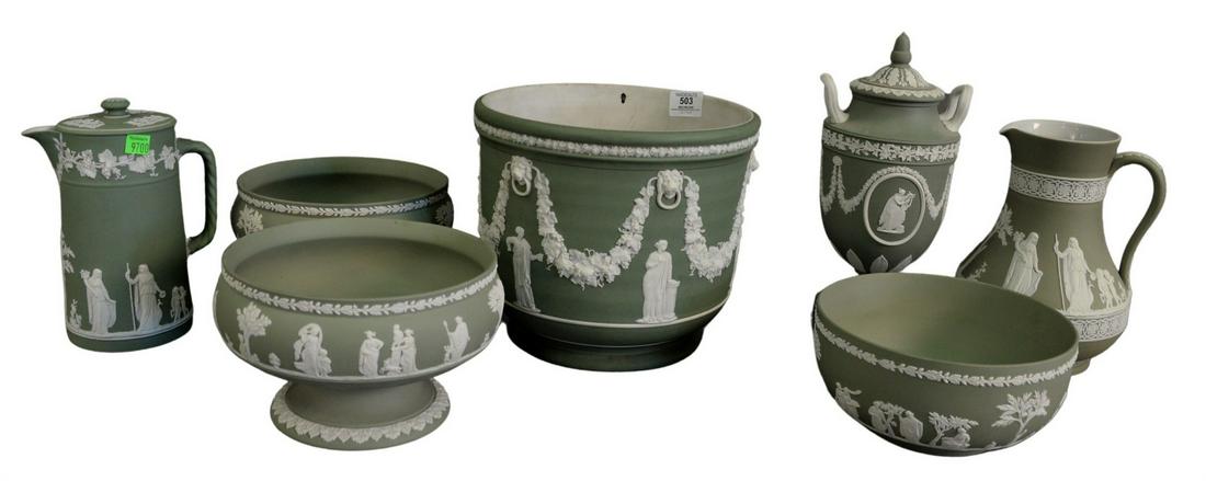Seven Piece Group of Wedgwood Jasperware, moss green (1 of 5)
