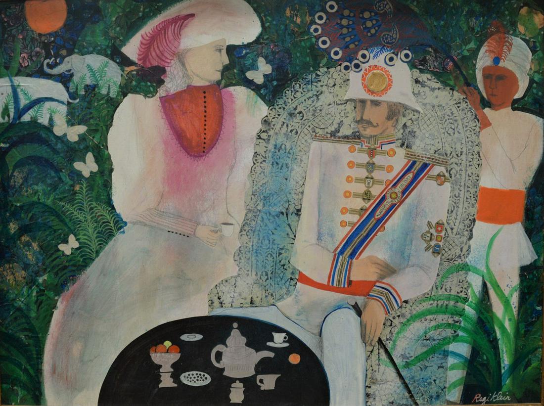 Regina Klein (American, 1931 - 2006), The Raj, acrylic: Regina Klein (American, 1931 - 2006), The Raj, acrylic and collage on canvas laid on board, signed lower right "Regi Klein", 35 1/2" x 47 1/2".