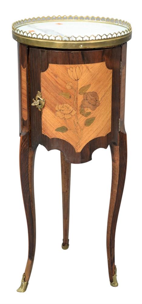 French Style Marquetry Inlaid Marble Top Stand, having (1 of 4)