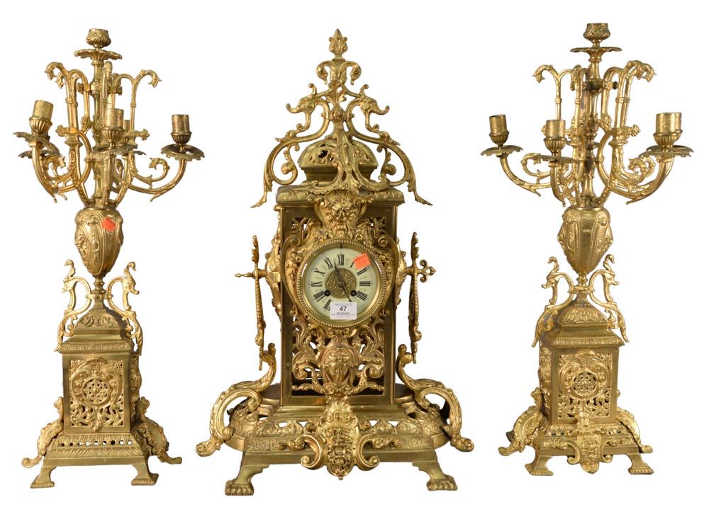 Three Piece Brass Mantle Set, to include a clock and (1 of 8)