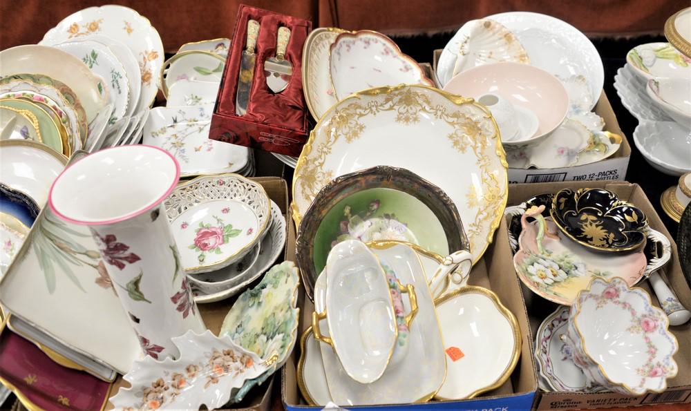 Six Tray Lots of Porcelain Serving Pieces, to include: Six Tray Lots of Porcelain Serving Pieces, to include cauldron, Elite Works, Jimenau, Paul Muller Selb, Limoge, and Bernardaud, largest diameter 14 inches.
