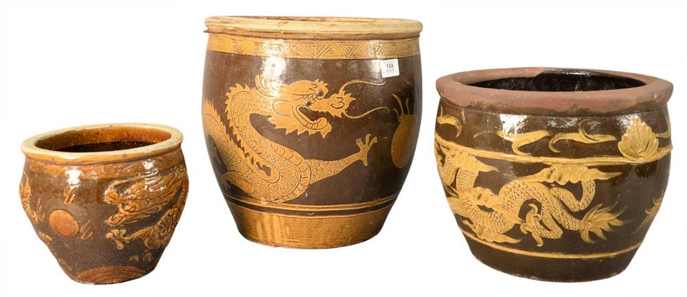 Three Piece Chinese Group of Brown and Yellow Glazed (1 of 6)