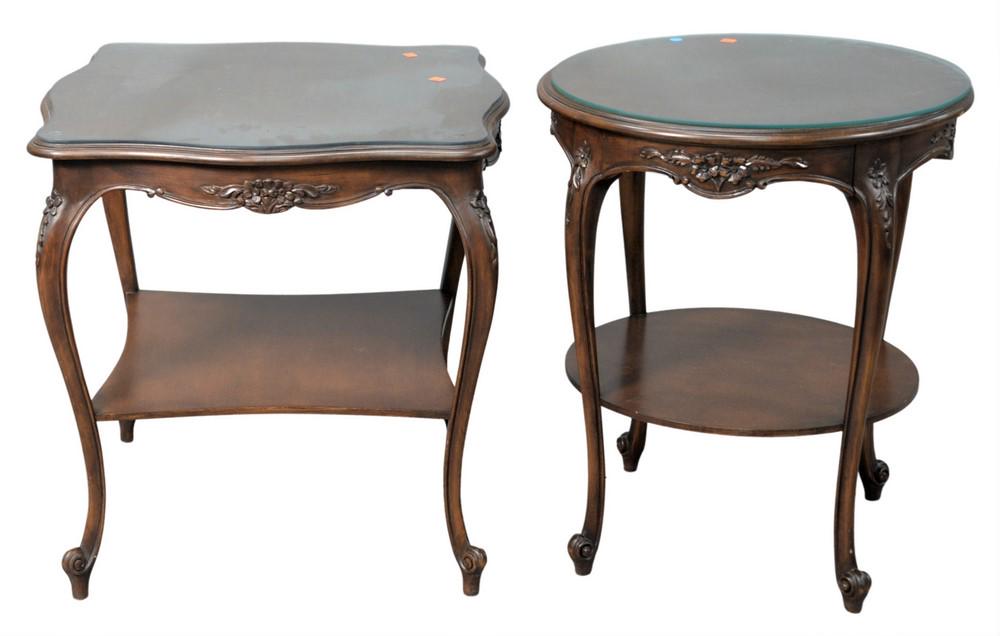 Three Louis XV Style Side Tables, one having a round: Three Louis XV Style Side Tables, one having a round top with one drawer, the other having a shaped top with one drawer, both ending in cabriole legs and having custom glass tops, along with an occasi