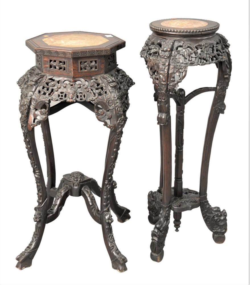 Two Chinese Teak Stands, having inset marble tops, (1 of 4)