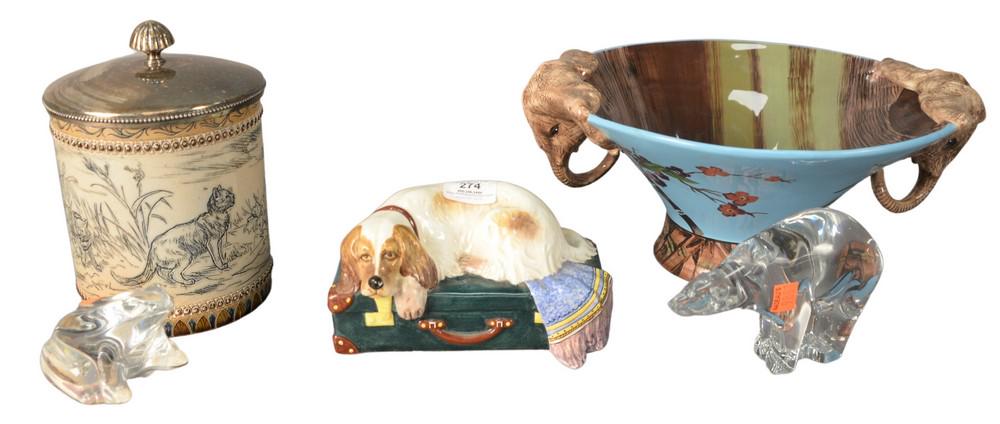 Five piece lot to include two Baccarat animals, a: Five piece lot to include two Baccarat animals, a ceramic jar with lid, a Nove for Tiffany & Company reclining dog, along with a Tracy Porter elephant bowl.