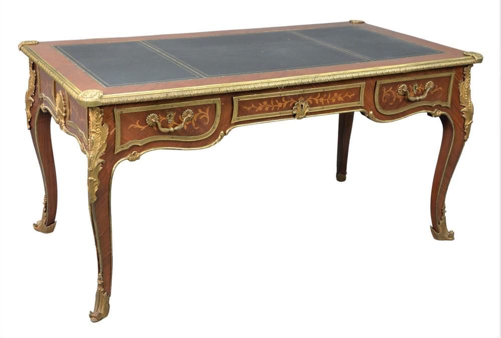 Louis XV Style Inlaid Desk, having tooled leather top: Louis XV Style Inlaid Desk, having tooled leather top and ormolu mounts throughout, top 30" x 60".