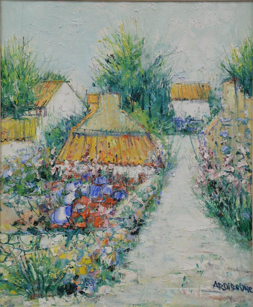 Yolande Ardissone (French, b. 1927), "Maisons a Moir: Yolande Ardissone (French, b. 1927), "Maisons a Moir Montiers", oil on canvas, signed lower right "Ardissone", titled on the stretcher bar, 26" x 21".