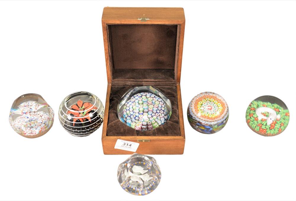 Six Glass Paperweights, to include a sulfide bust of (1 of 5)