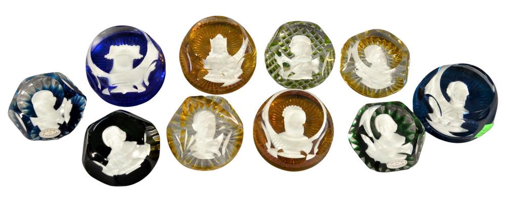 Ten Baccarat Glass Paperweights, having sulfide busts, (1 of 4)